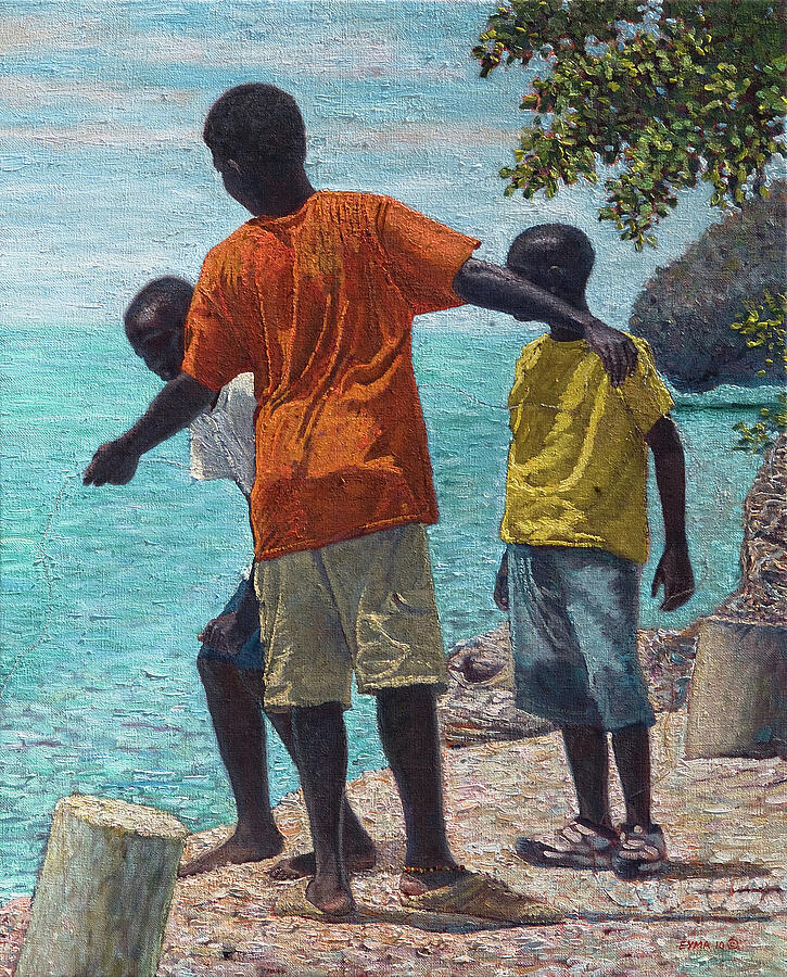 Fishing Buddies - Eleuthera, Bahamas Painting by Ritchie Eyma