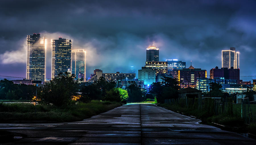 Cityscape with Glowing Skyscrapers at Night Photograph - Fort Worth Lights by David Morefield