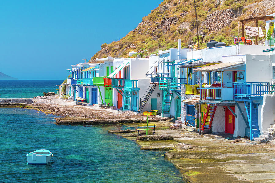 Greece, Aegean Islands, Cyclades, Milos Island, Mediterranean Sea, Aegean Sea, Greek Islands, The Tiny Village Of Klima With Traditional Two-story Fishermen Houses Digital Art by Giorgio Filippini