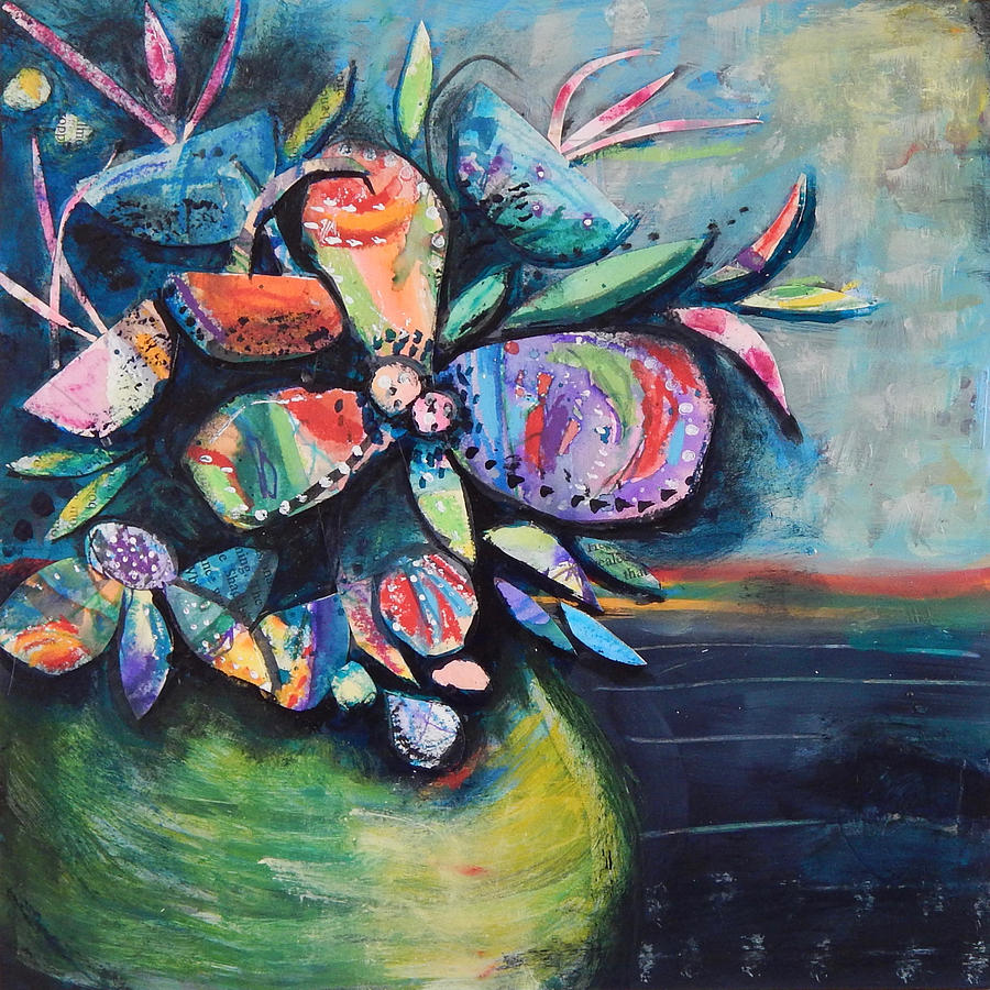 Green Vase Floral Mixed Media by Mary Conner