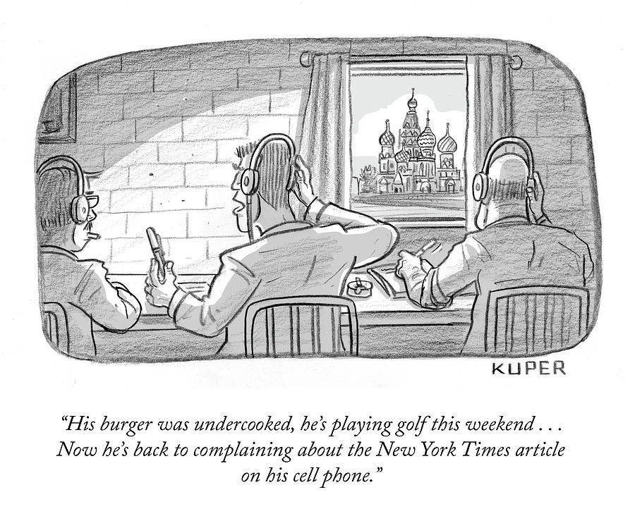 Satirical Spy Cartoon Drawing - His Burger Was Undercooked by Peter Kuper