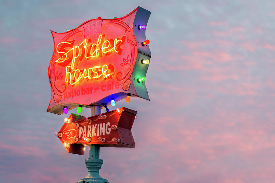 Spider House Neon Sign at Sunset Photograph - House Party by Slow Fuse Photography