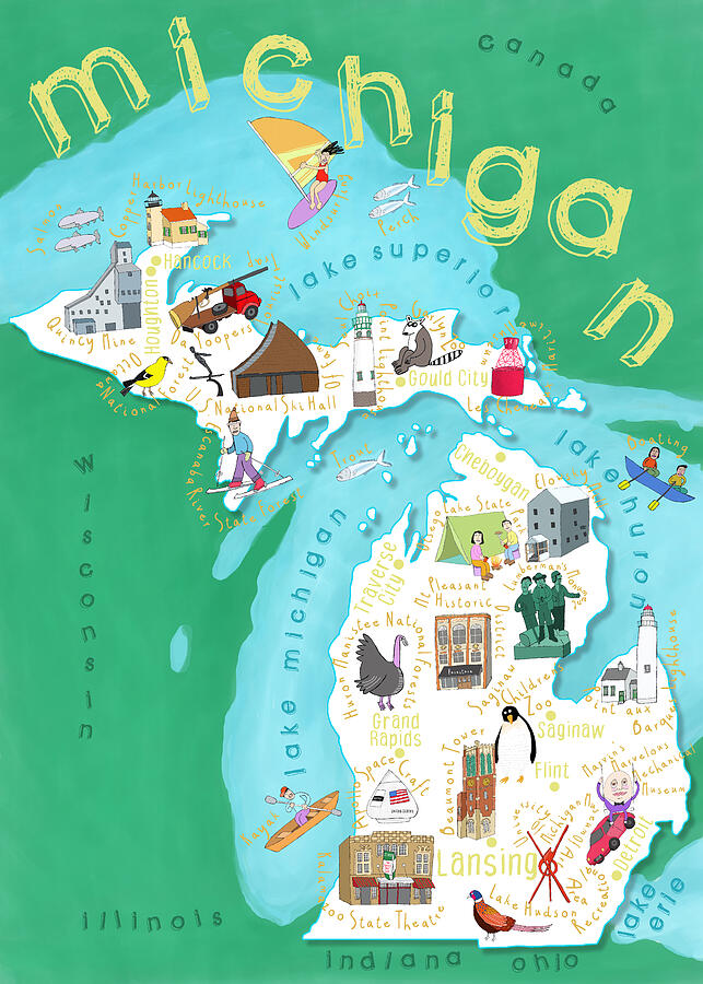 Mi Drawing Illustrated Map of Michigan by 1x