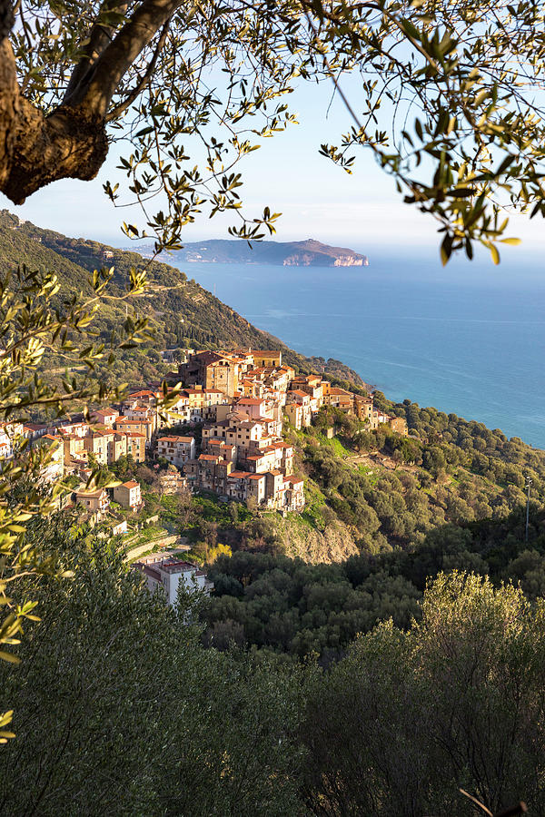 Italy, Campania, Salerno District, Mediterranean Sea, Tyrrhenian Sea, Tyrrhenian Coast, Cilento And Vallo Di Diano National Park, Cilento, Pisciotta, Pisciotta Village At Sunset Digital Art by Francesco Russo