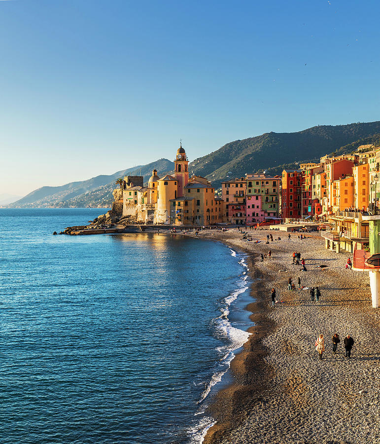 Italy, Liguria, Genova District, Mediterranean Sea, Ligurian Sea, Ligurian Riviera, Riviera Di Levante, Camogli, The Beach Of Camogli And Basilica Di Santa Maria Assunta Digital Art by Luigi Vaccarella