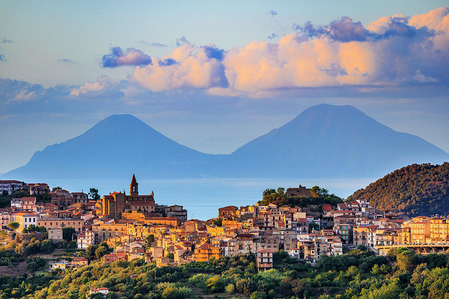 Italy, Sicily, Messina District, Monti Nebrodi, Ficarra, Historic Center Of Ficarra Among The Most Beautiful Towns In Italy With The Island Of Salina In The Background Digital Art by Antonino Bartuccio