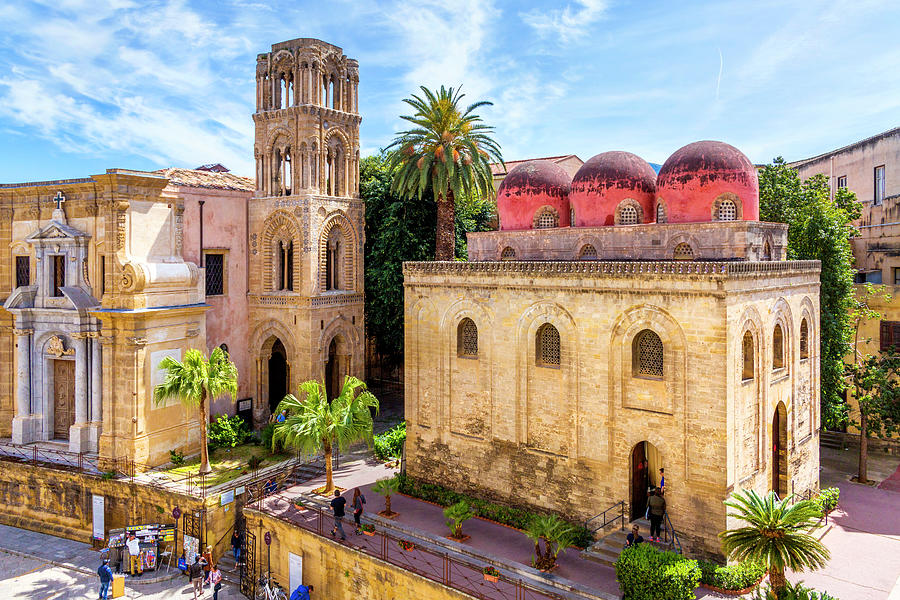 Italy, Sicily, Palermo District, Mediterranean Sea, Tyrrhenian Sea, Palermo, Piazza Bellini With The Churches Of Santa Maria Dellammiraglio Or Martorana And San Cataldo With The Typical Red Domes Digital Art by Luca Scamporlino
