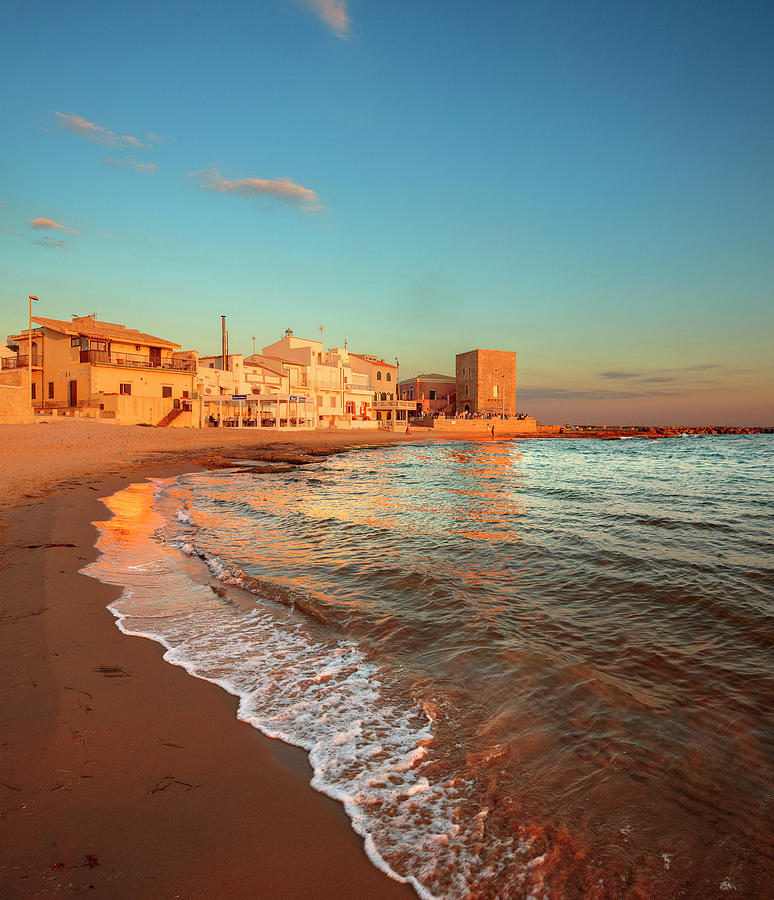 Italy, Sicily, Ragusa District, Mediterranean Sea, Santa Croce Di Camerina, Punta Secca Locality, Sunset And Last Lights In The Beach Digital Art by Paolo Giocoso