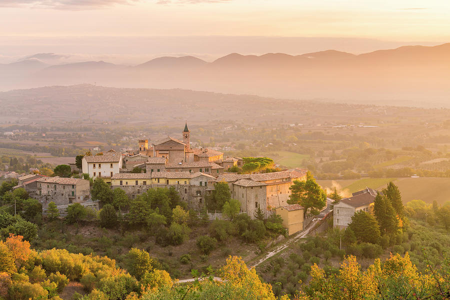 Italy, Umbria, Perugia District, Giano Dellumbria, High Angle View Cityscape At Sunrise Digital Art by Giacomo Augugliaro