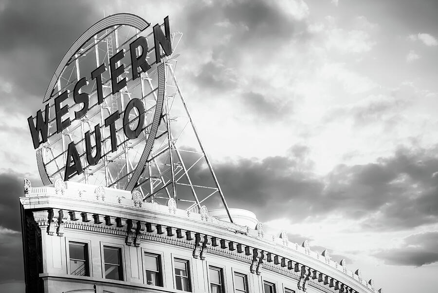 Wester Auto Sign Kansas City Western Auto Neon Sign - Black and White by Gregory Ballos