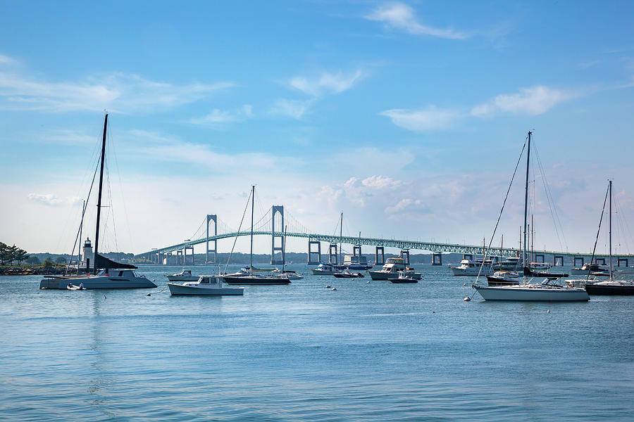 Sailboats Near Newport Bridge Digital Art - Lighthouse & Bridge, Newport, Ri by Lumiere