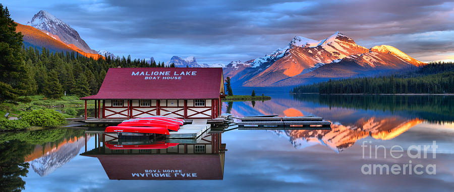 Serene View of Maligne Lake at Sunrise Photograph - Maligne Lake Sunset Spectacular by Adam Jewell