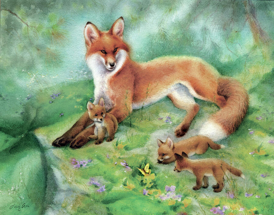 Mother Fox and Her Kits in a Spring Meadow Digital Art by Tracy Ann ...