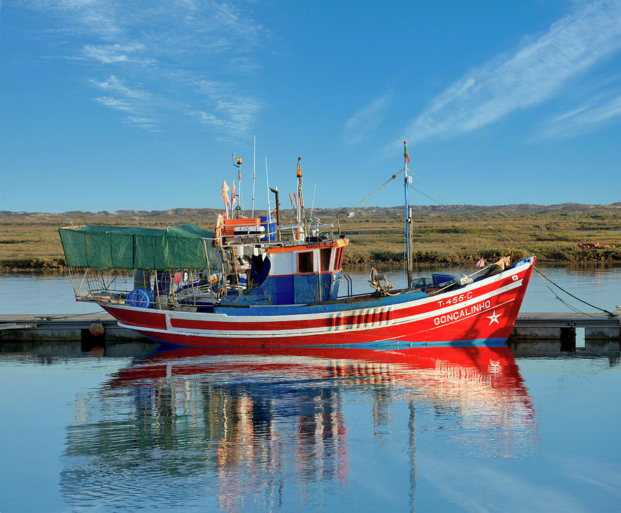 Portugal, Faro, Tavira, Portugal, The Eastern Algarve, Santa Luzia Fishing Boat In The Lagoon Digital Art by Michael Howard