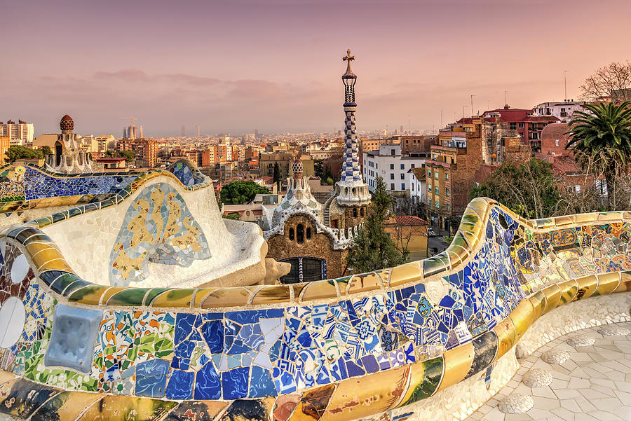Spain, Catalonia, Mediterranean Sea, Barcelona District, Iberian Peninsula, Barcelona, Parc Guell, Park Guell & City Skyline Behind At Sunset Digital Art by Stefano Politi Markovina