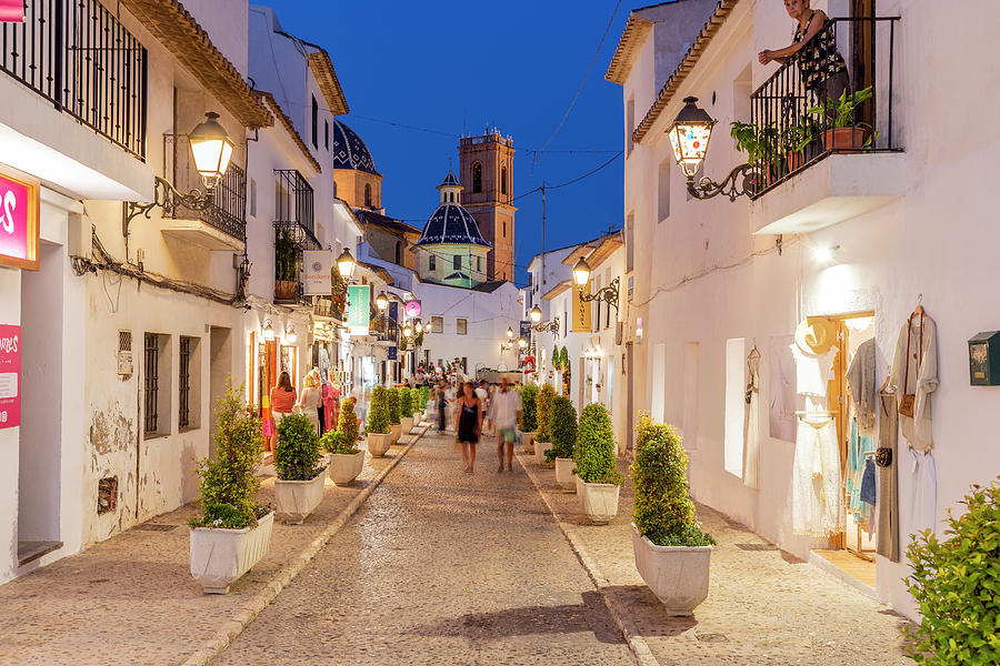Spain, Comunidad Valenciana, Mediterranean Sea, Alicante District, Costa Blanca, Iberian Peninsula, Altea, Night View Of A Cobbled Street In Old Town Digital Art by Stefano Politi Markovina