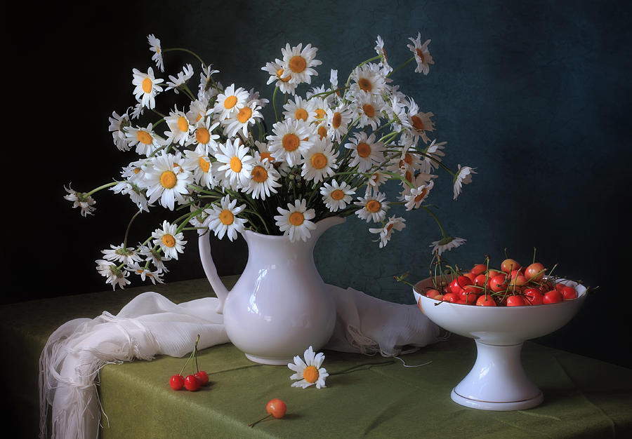 Still Life With A Bouquet Of Daisies And Cherries by Tatyana Skorokhod