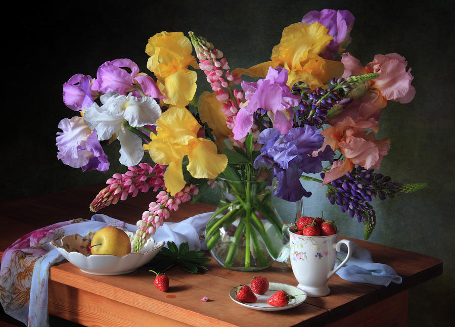 Still Life With A Bouquet Of Irises And Strawberries by Tatyana Skorokhod
