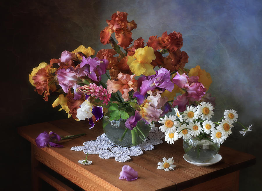 Still Life With Bouquets Of Irises And Daisies by Tatyana Skorokhod