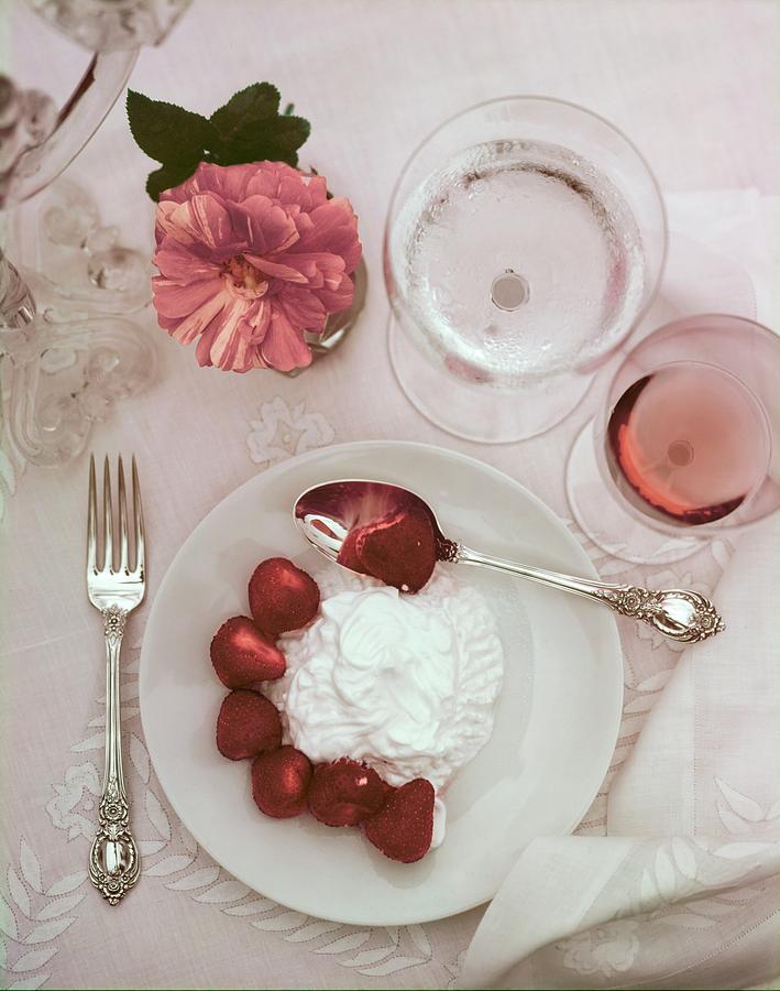 Strawberries And Cream With Rose Photograph by Horst P. Horst