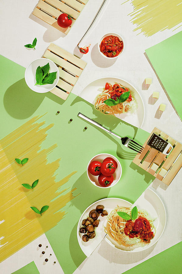 Suprematic Meal: Pasta With Tomato Sauce And Mushrooms by Dina Belenko