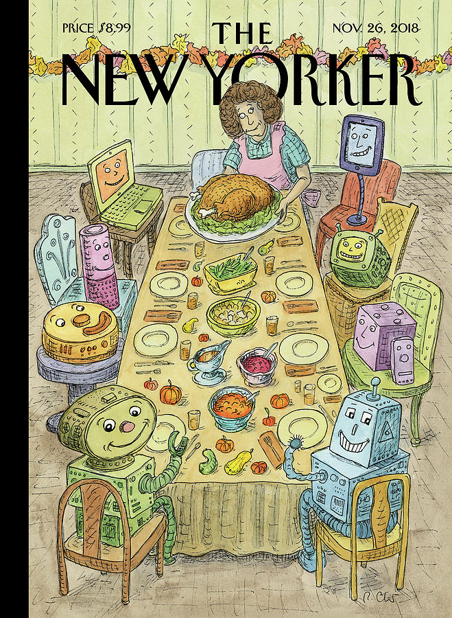 Robots Enjoy Thanksgiving Dinner Painting - Thankfulness by Roz Chast