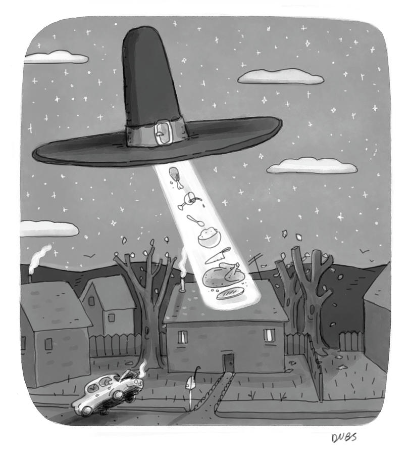 Thanksgiving Dinner UFO Abduction Drawing - Thanksgiving Aliens by Andy Dubbin