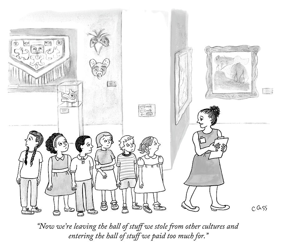 Museum Tour with Students Drawing - The hall of stuff we stole from other cultures by Caitlin Cass
