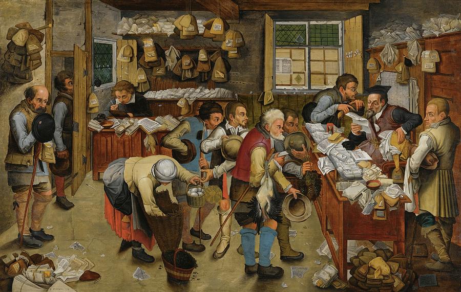 Busy Renaissance Village Office Painting - The Village Lawyers Office by Pieter Brueghel The Younger