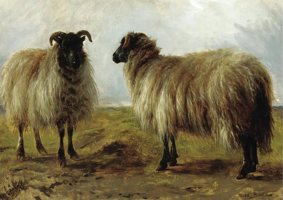 Two Rams in Open Grassland Painting - Two Rams In A Landscape by Rosa Bonheur
