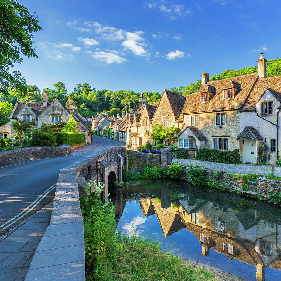 Uk, England, Wiltshire, Castle Combe, Great Britain, British Isles, Cotswold, Bridge Over The Bybrook River Digital Art by Luigi Vaccarella