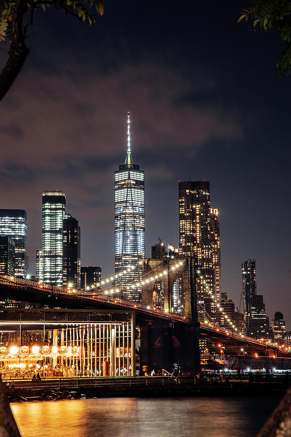 United States, New York City, Brooklyn, East River, Dumbo, Brooklyn Bridge, Brooklyn Bridge Park, View Of Lower Manhattan Skyline With The One World Trade Center, Formerly Freedom Tower. Digital Art by Antonino Bartuccio