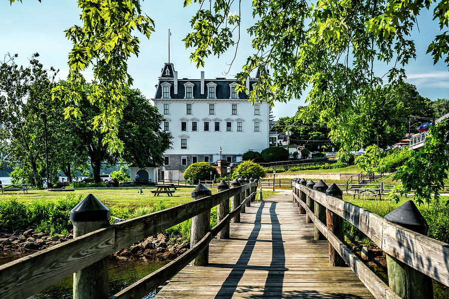 Usa, Connecticut, East Haddam, New England, Pedestrian Wooden Bridge Over Connecticut River, Green Grass, Goodspeed Opera House. Digital Art by Alejandra Uribe Posada