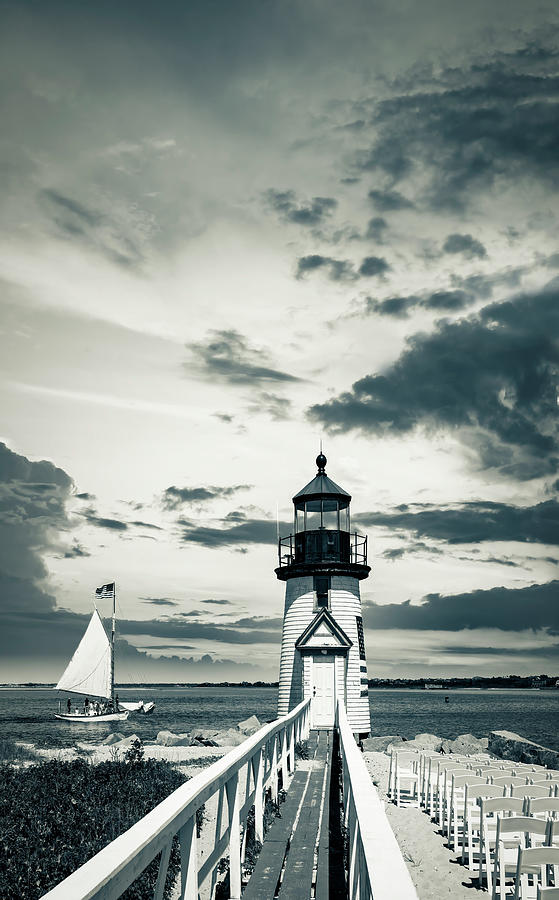 Usa, Nantucket, Massachusetts, New England, Black And White Brant Point Lighthouse With A Sailboat. Digital Art by Alejandra Uribe Posada