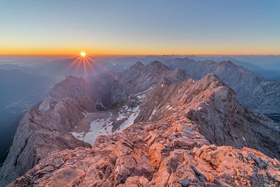 View From Zugspitze Mountain (2962m) Across Jubilaumsgrat (jubilee Ridge) At Sunrise, Garmisch-partenkirchen, Upper Bavaria, Bavaria, Germany Digital Art by Christian Back
