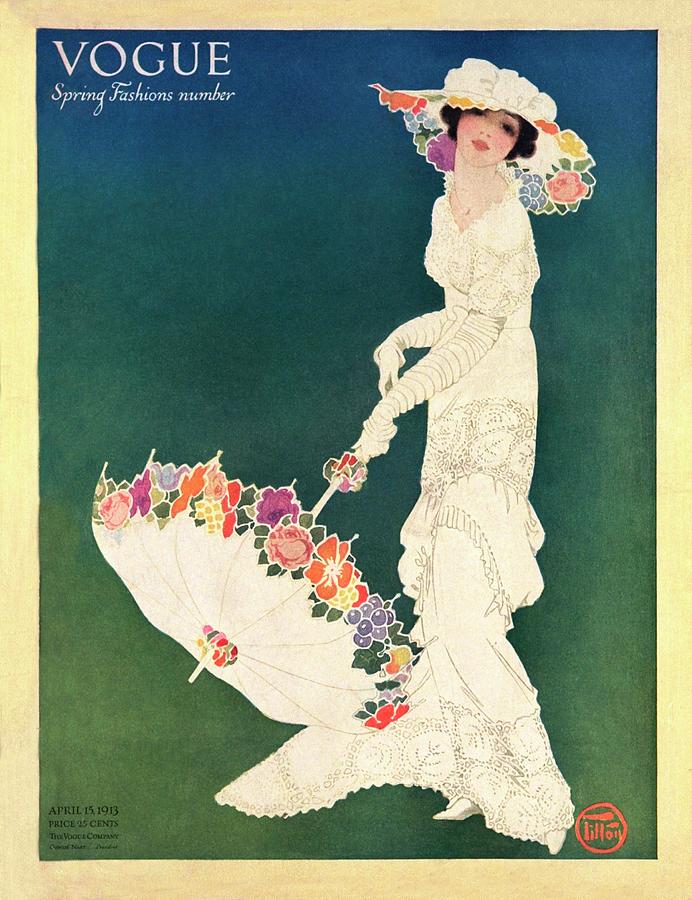Vintage Vogue Cover Of A Woman In White Lace by Mrs Newell Tilton