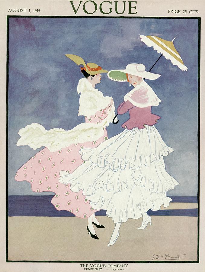 Vintage Vogue Cover Of Two Women In Long Dresses by E M A Steinmetz