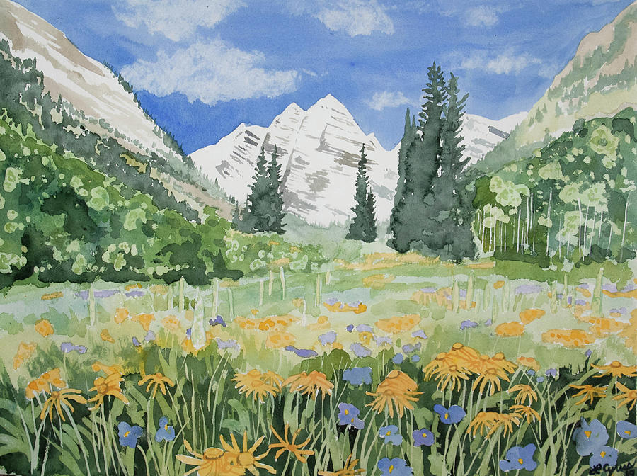 Maroon Bells and Summer Wildflowers Painting - Watercolor- Maroon Bells Summer Landscape by Cascade Colors
