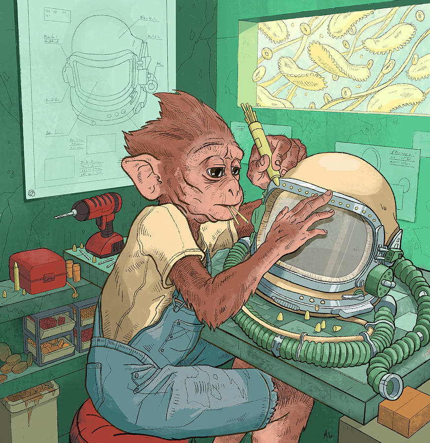 Monkey in a Sci-Fi Workshop Digital Art - Workshop by EvanArt - Evan Miller