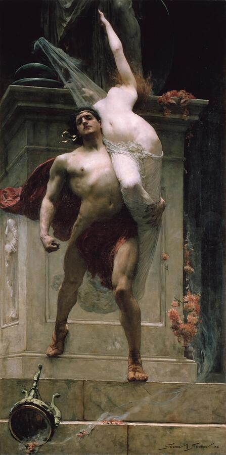 Solomon Joseph Solomon, Ajax and Cassandra, 1886: the nude warrior Ajax in a red cloak carries Cassandra away from the pedestal of Athena's statue while she reaches up towards the goddess
