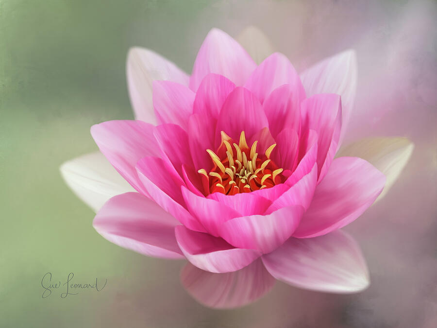 Vibrant Blooming Pink Lotus Photograph - Digitally Painted Water Lily #1 by Sue Leonard