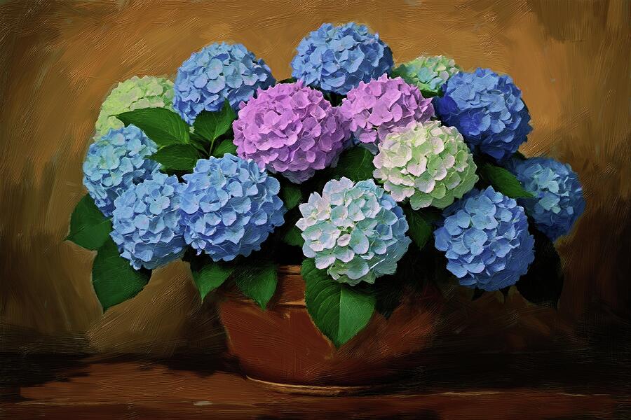 Flower painting of enchanting hydrangeas in a vase Digital Art by Nature Oil Painting