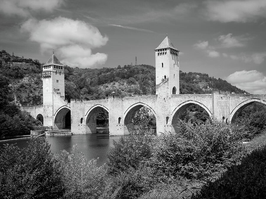 Pont Valentré in Black and White Photograph - France, Lot, Cahors, historic Pont Valentre #1 by Seeables Visual Arts