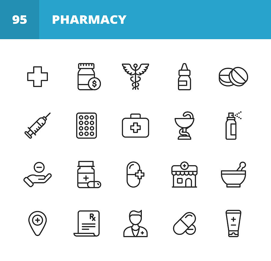 Pharmacy Line Icons. Editable Stroke. Pixel Perfect. For Mobile and Web. Contains such icons as Pharmacy, Pill, Capsule, Vaccination, Drugstore, Painkiller, Prescription, Syringe, Doctor, Hospital #1 Drawing by Rambo182