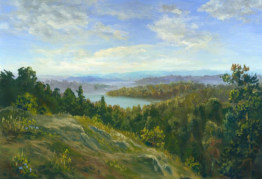 River valley oil painting #1 Drawing by Pobytov