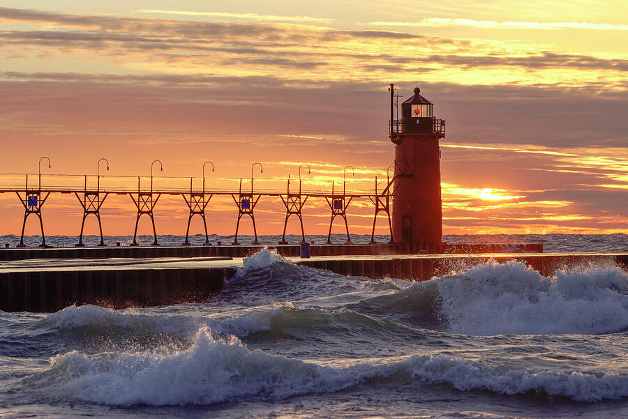 South Haven South Pier Light at Sunset #1 Photograph by Michael Collins