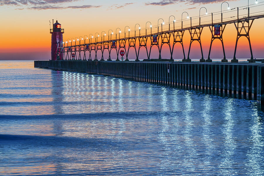 Lighthouse at Sunset by the Pier Photograph - South Haven South Pier Light Reflections #1 by Michael Collins