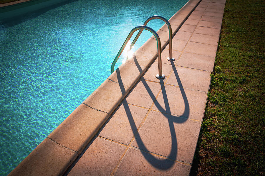 Sunny Poolside Reflection Photograph - Swimming pool ladder shadows #1 by Seeables Visual Arts