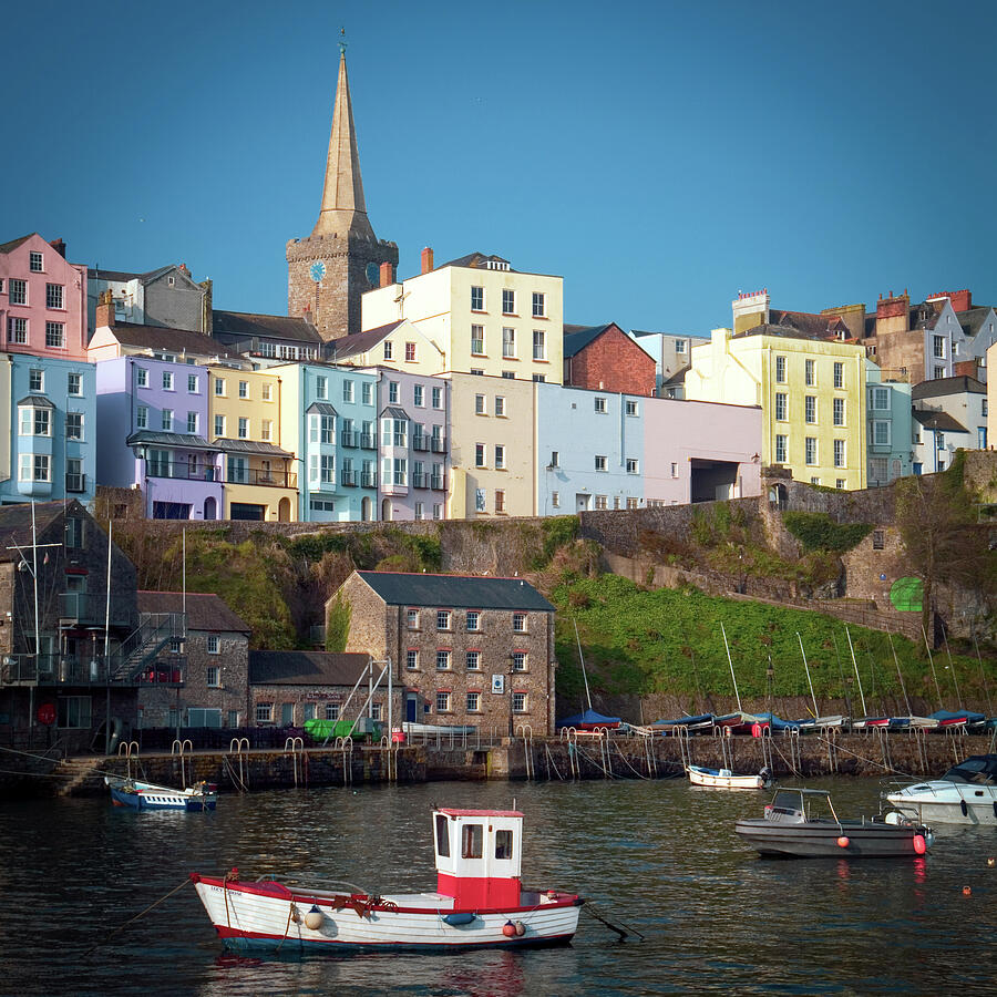 Colorful Seaside Houses and Boats Photograph - Tenby harbour #15 by Seeables Visual Arts