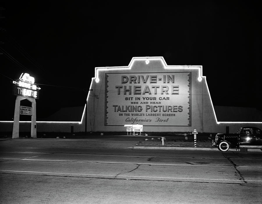 Drive In Sign 1940s Marquee Sign For Drive-in Movie Theater Lit Up At Night ...